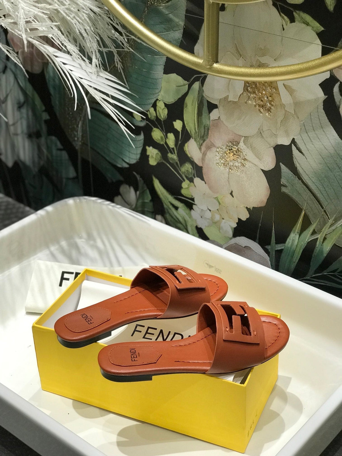 FENDI BAGUETTE SLIDES IN CINNAMON BROWN LAMBSKIN