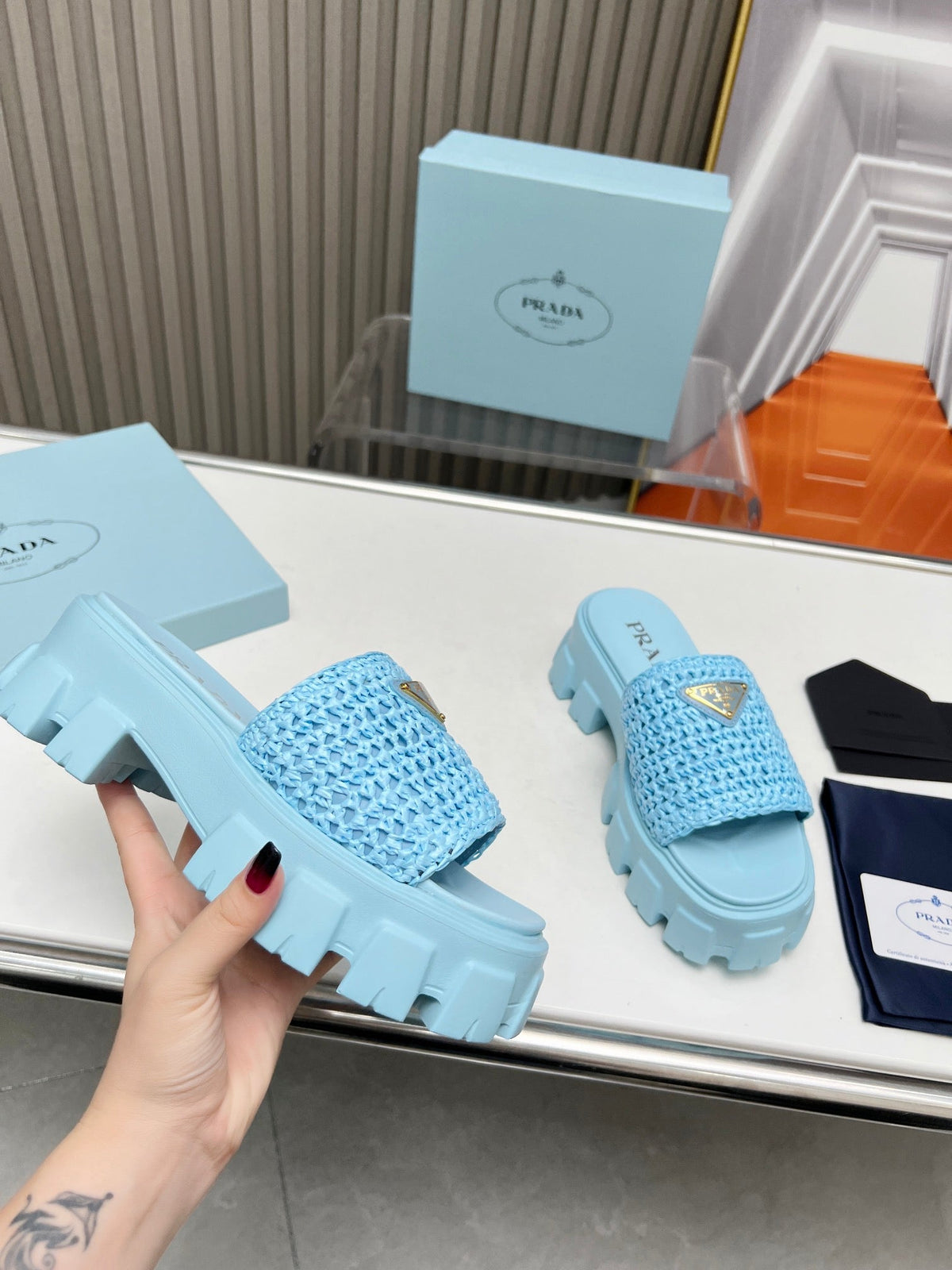PRA THICK-SOLED CROCHET SANDALS SKY WOVEN FABRIC