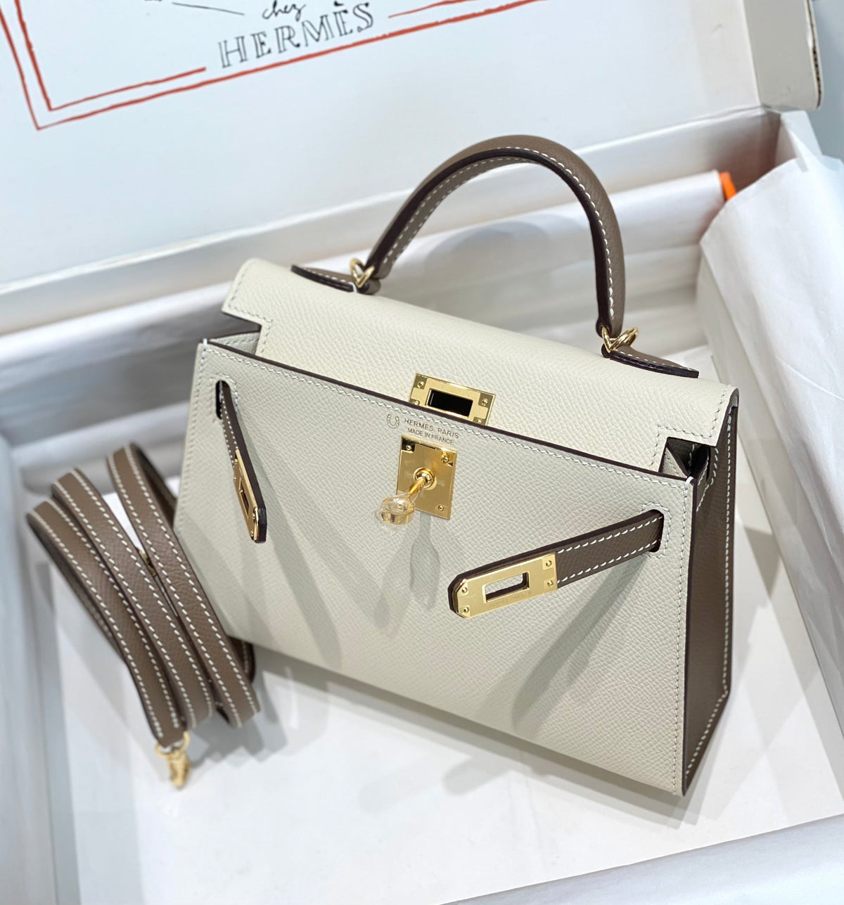 HM Mini Kelly 19cm Cream Etoupe Epsom Gold Hardware