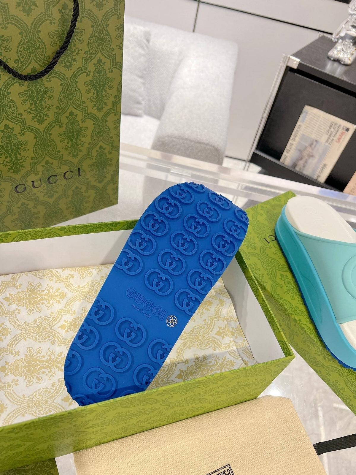 GC 25 Interlocking G 50mm Slide Sandal Sky Blue White Cowhide 292385