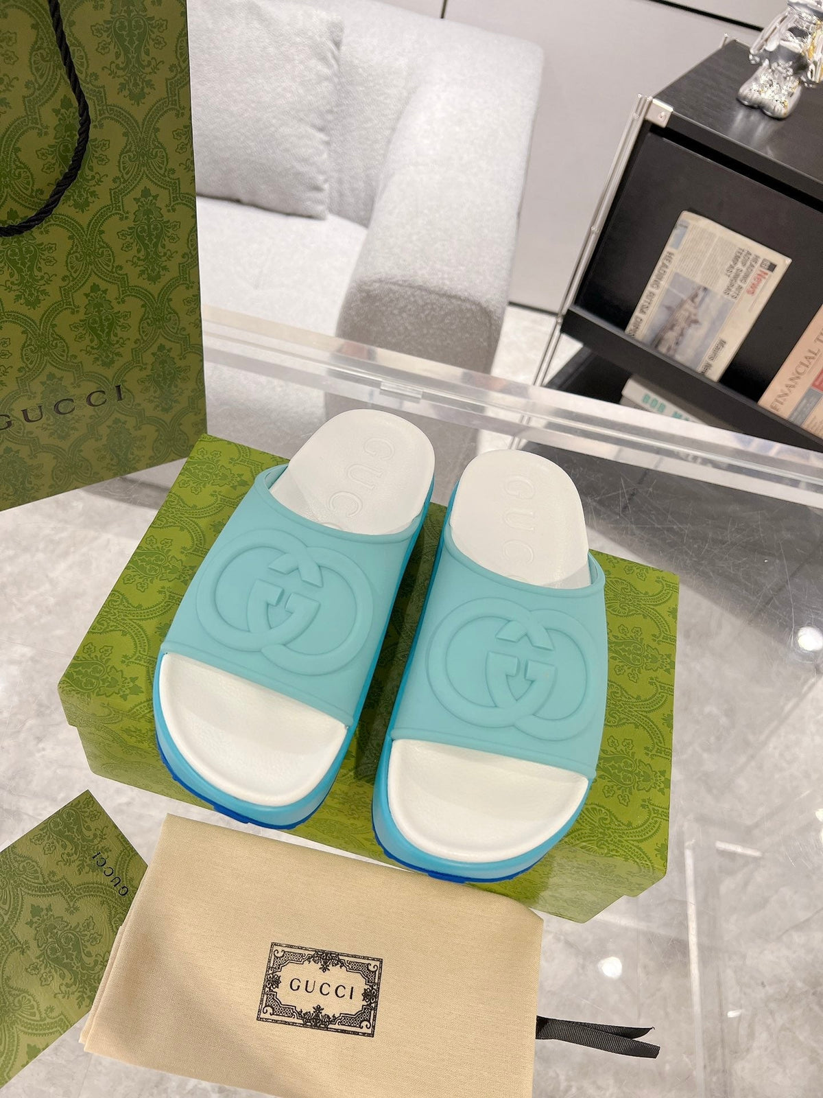 GC 25 Interlocking G 50mm Slide Sandal Sky Blue White Cowhide 292385