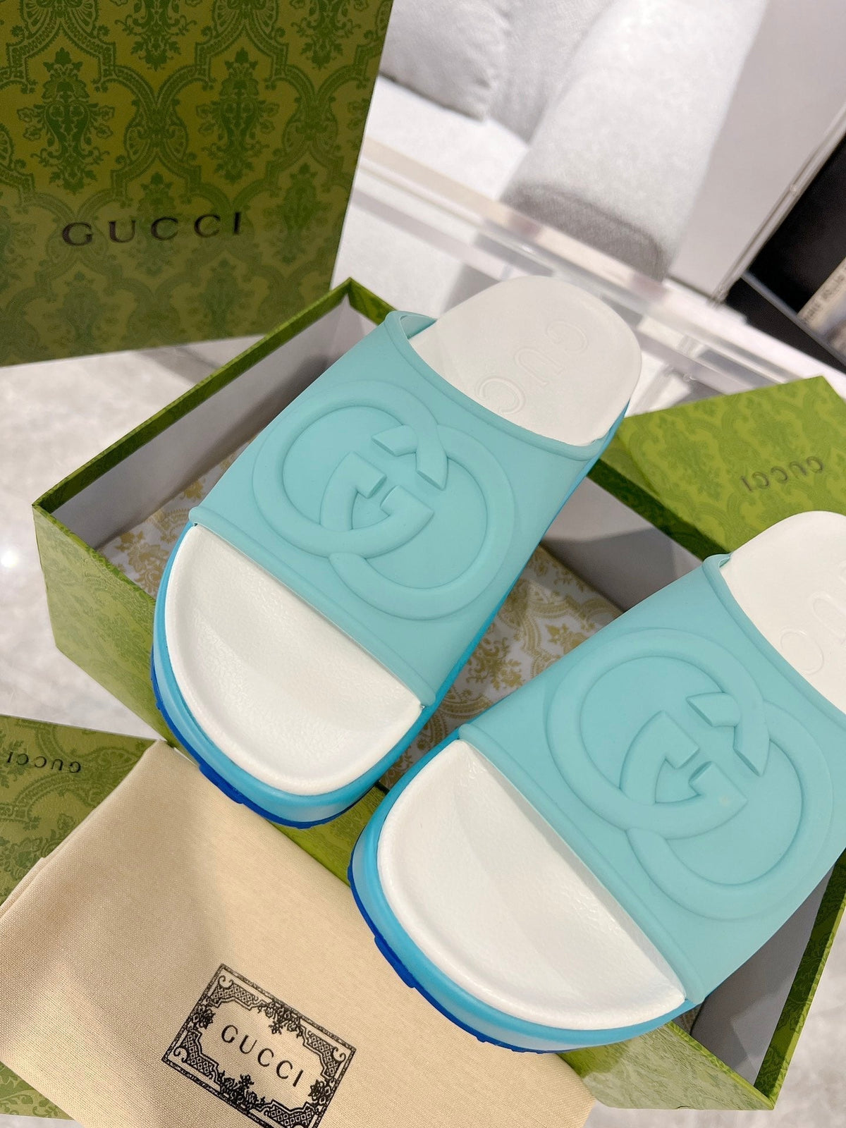 GC 25 Interlocking G 50mm Slide Sandal Sky Blue White Cowhide 292385