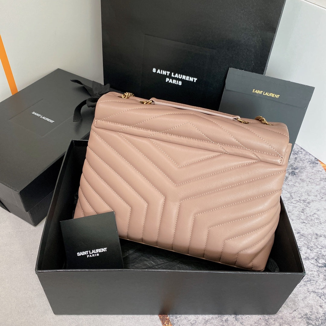 LOULOU MEDIUM 32 DARK BEIGE QUILTED LEATHER GOLD HARDWARE