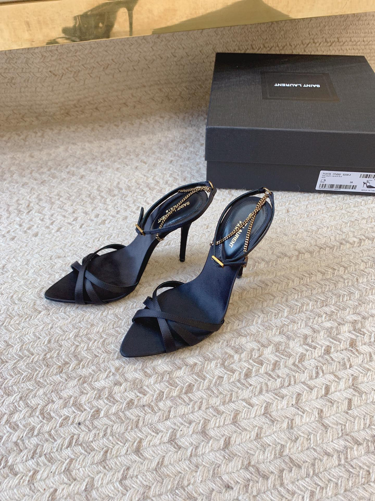 CROSS STRAP HIGH HEEL IN BLACK SILK GOLD CHAIN