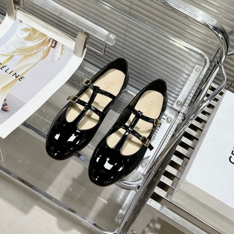 FLAT SANDALS WITH DOUBLE STRAP-DESIGN LEATHER BLACK