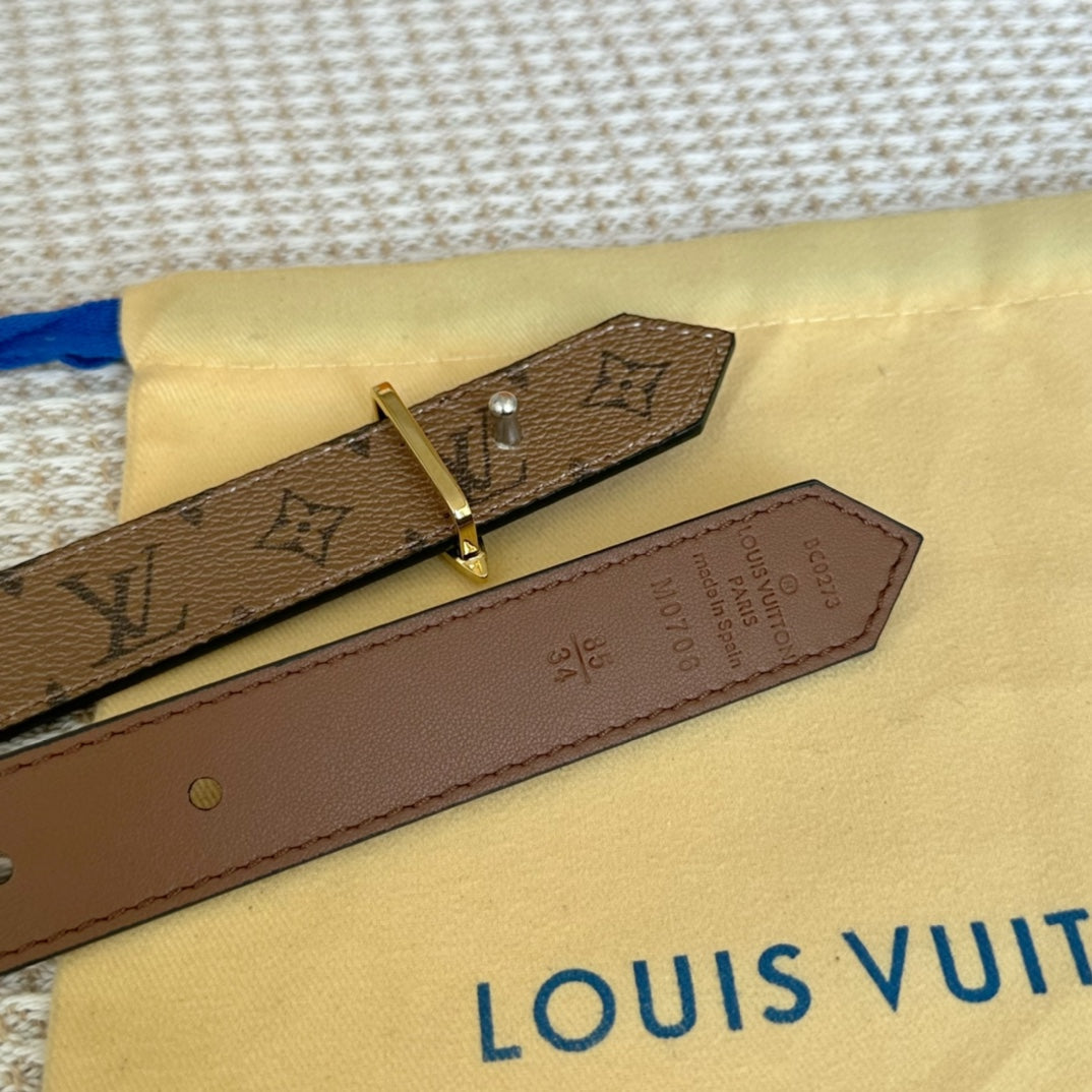 LV FLOWERGRAM 25 MM REVERSIBLE BELT IN BROWN MONOGRAM CALFSKIN GOLD MIX SILVER HARDWARE