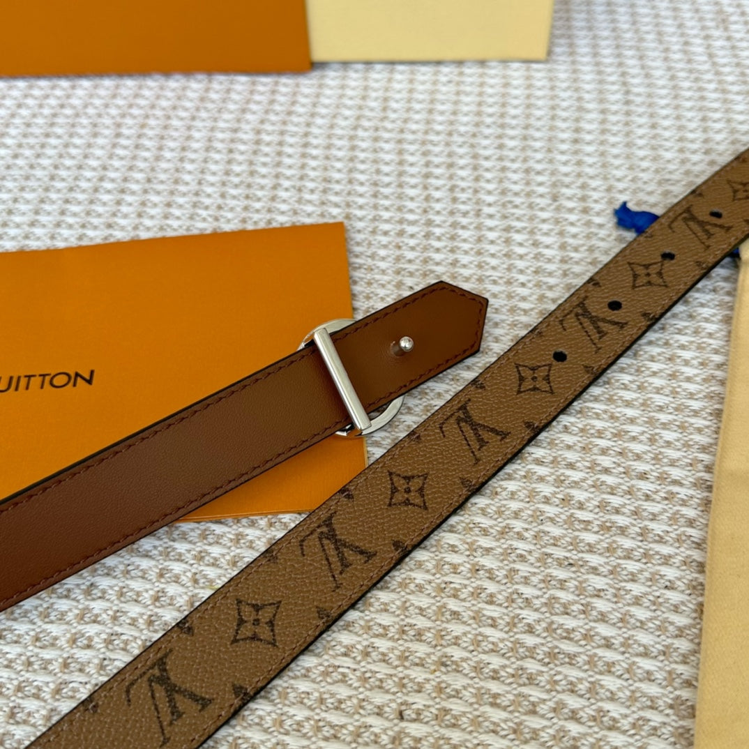 LV CIRCLE 25MM REVERSIBLE BELT MEDIUM BROWN MONOGRAM CALFSKIN SILVER HARDWARE
