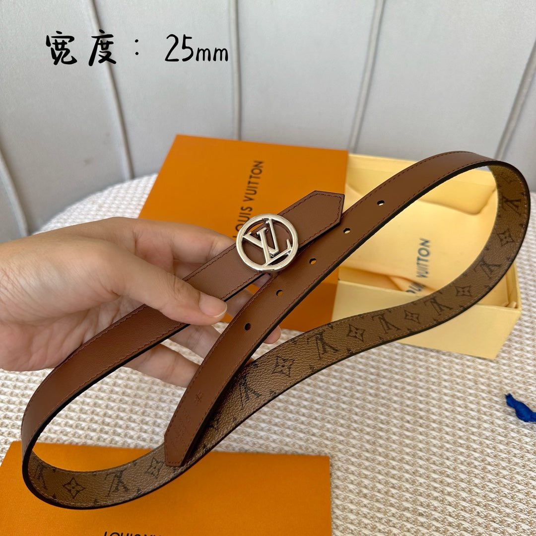 LV CIRCLE 25MM REVERSIBLE BELT MEDIUM BROWN MONOGRAM CALFSKIN SILVER HARDWARE