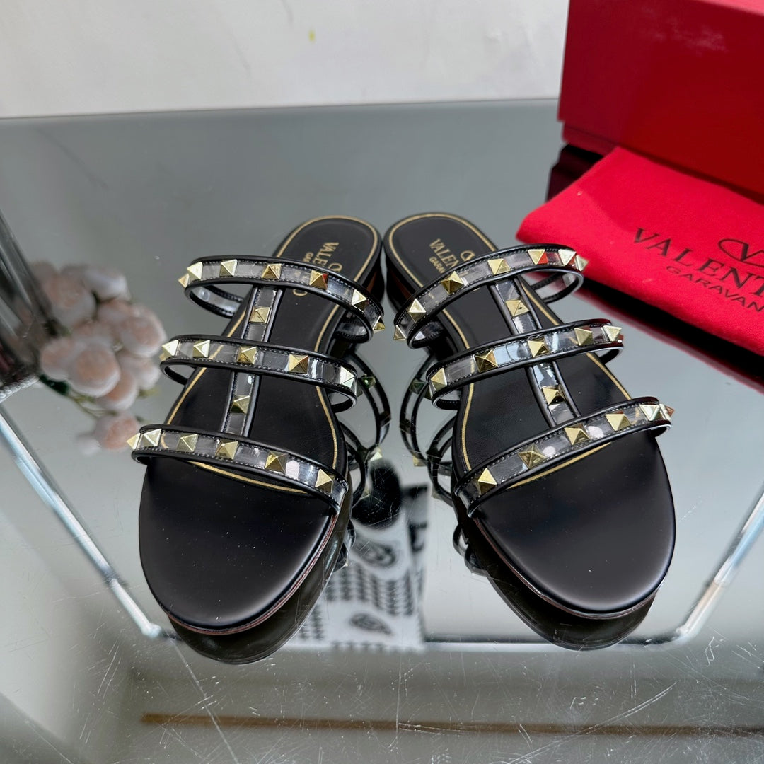 VT 25 Rockstud Flat Sandals Black PVC Sheepskin