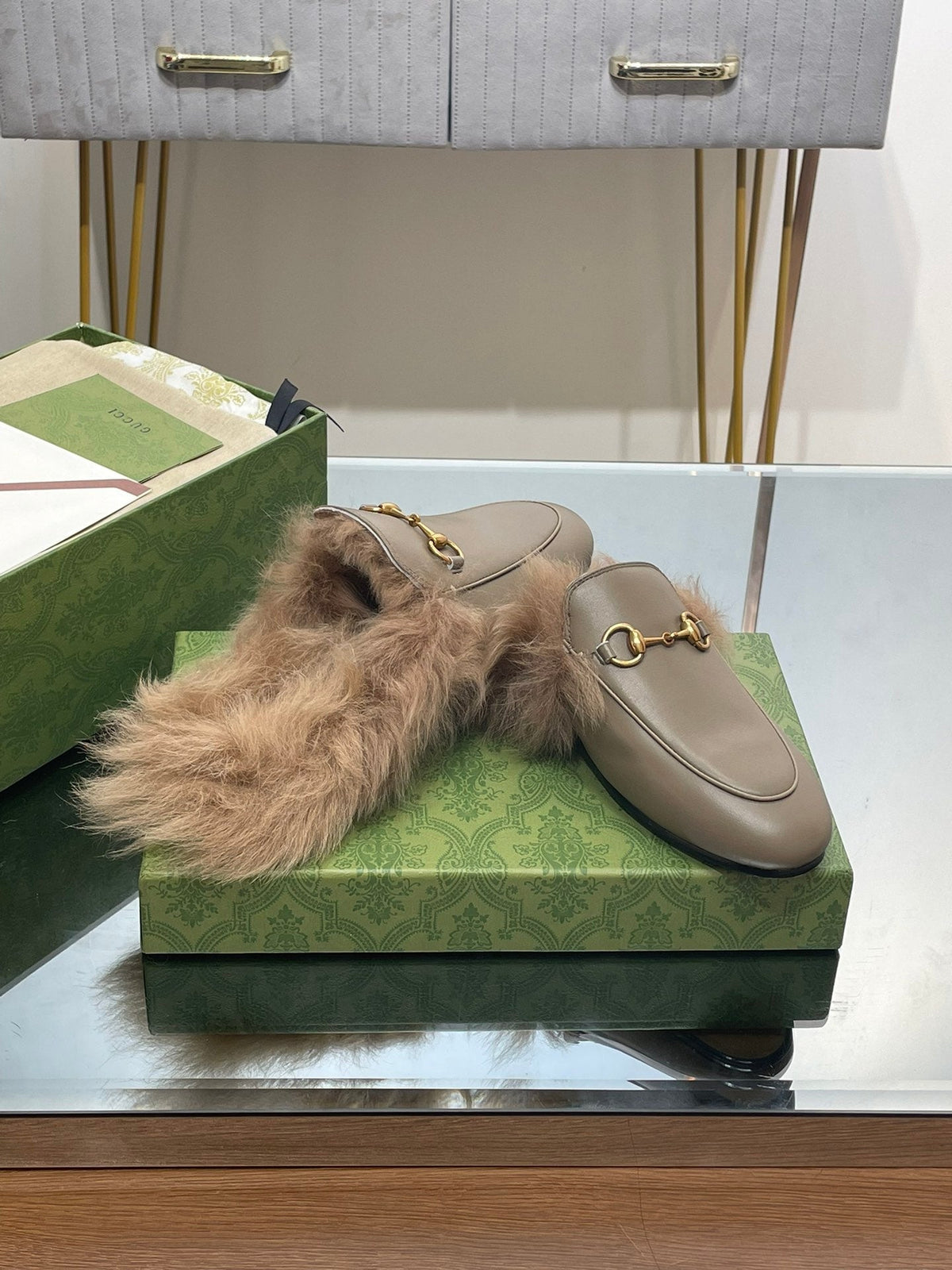 HORSEBIT MULE IN PEANUT BROWN CALFSKIN AND LAMB WOOL LINING