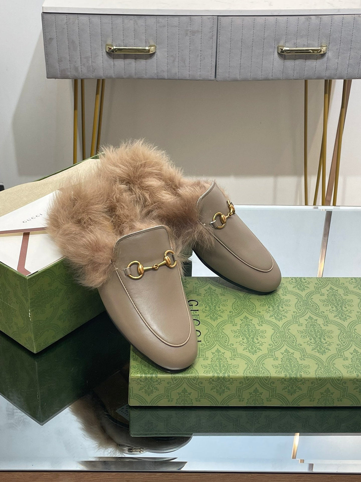 HORSEBIT MULE IN PEANUT BROWN CALFSKIN AND LAMB WOOL LINING