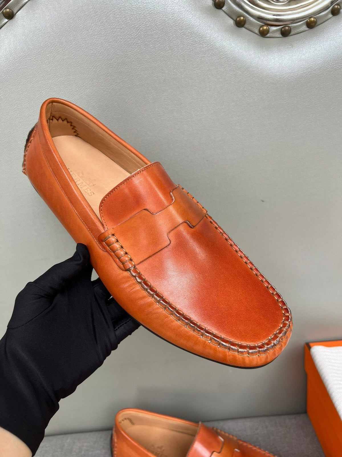 HM Men's Moccasins Loafer Neon Orange Cowhide 565855