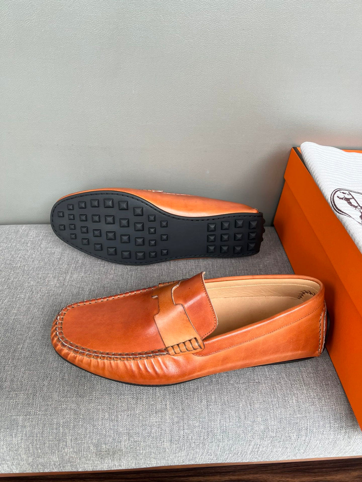 HM Men's Moccasins Loafer Neon Orange Cowhide 565855