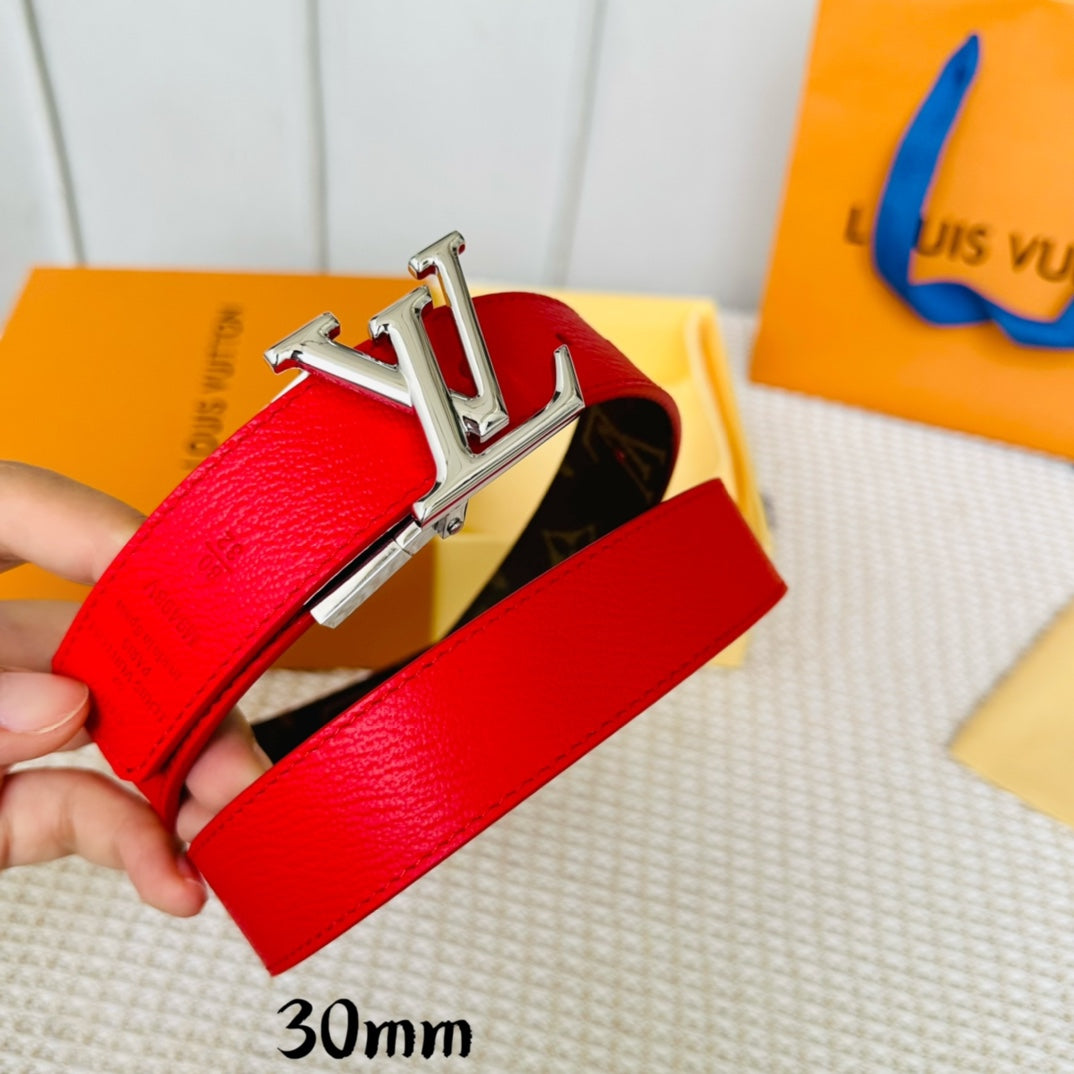 LV Initiales 30mm Reversible Belt Silver Rotating Buckle Red Brown Leather