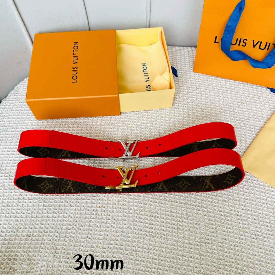 LV Initiales 30mm Reversible Belt Silver Rotating Buckle Red Brown Leather