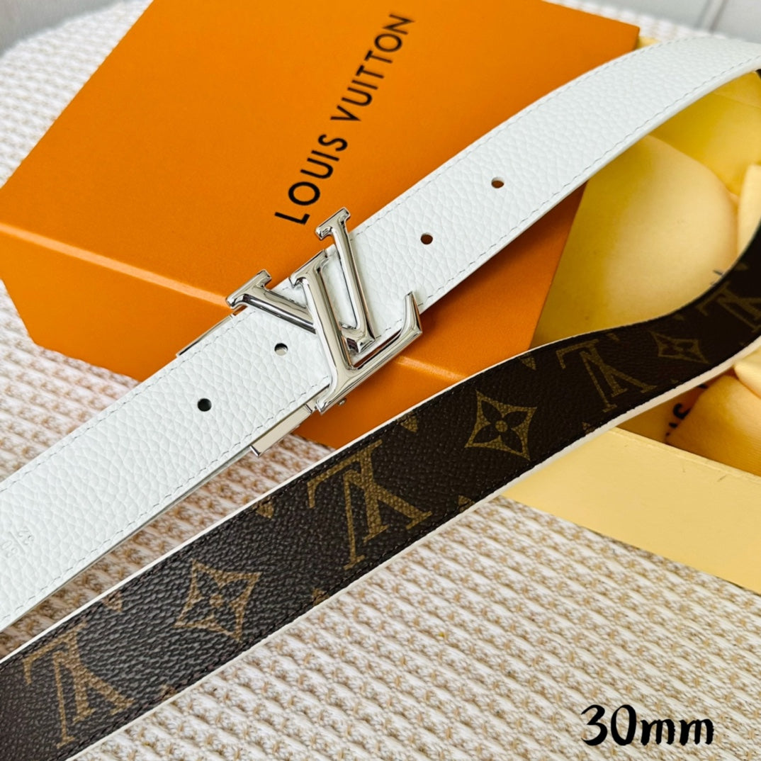 LV Initiales 30mm Reversible Belt Silver Rotating Buckle White Brown Leather