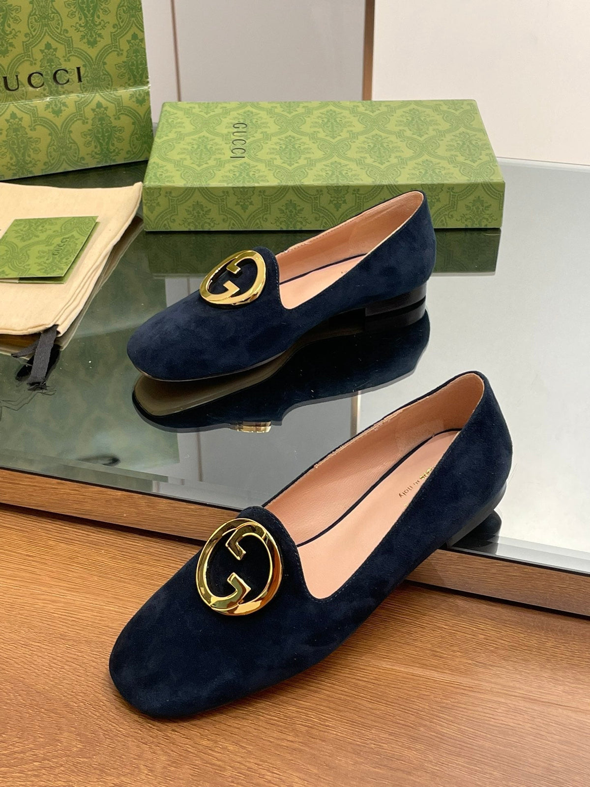 BLONDIE LOGO-PLAQUE LOAFERS IN SPACE BLUE SUEDE