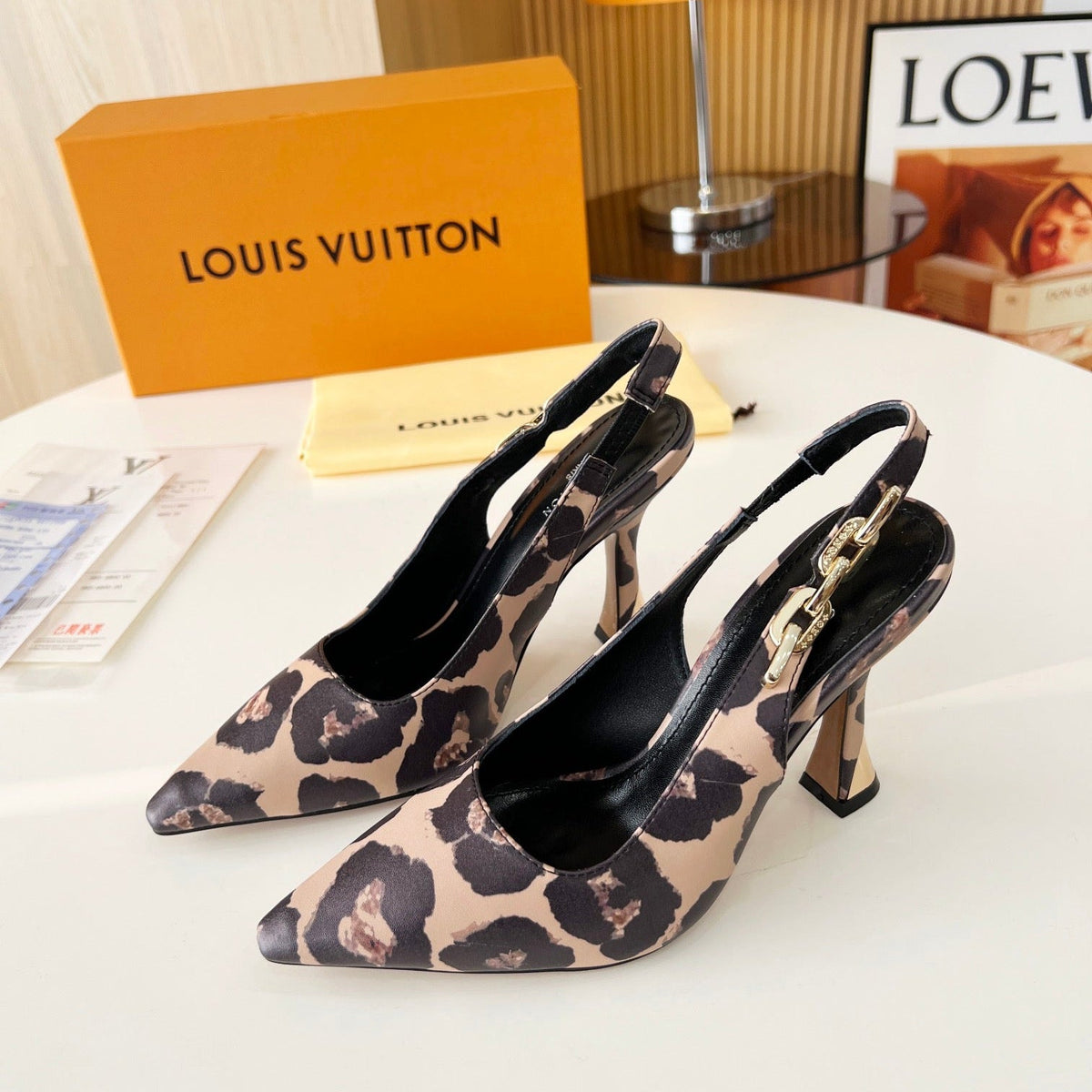 LV Spake Slingback with Chain 8.5CM Camel Beige Mix Black Fabric 218280