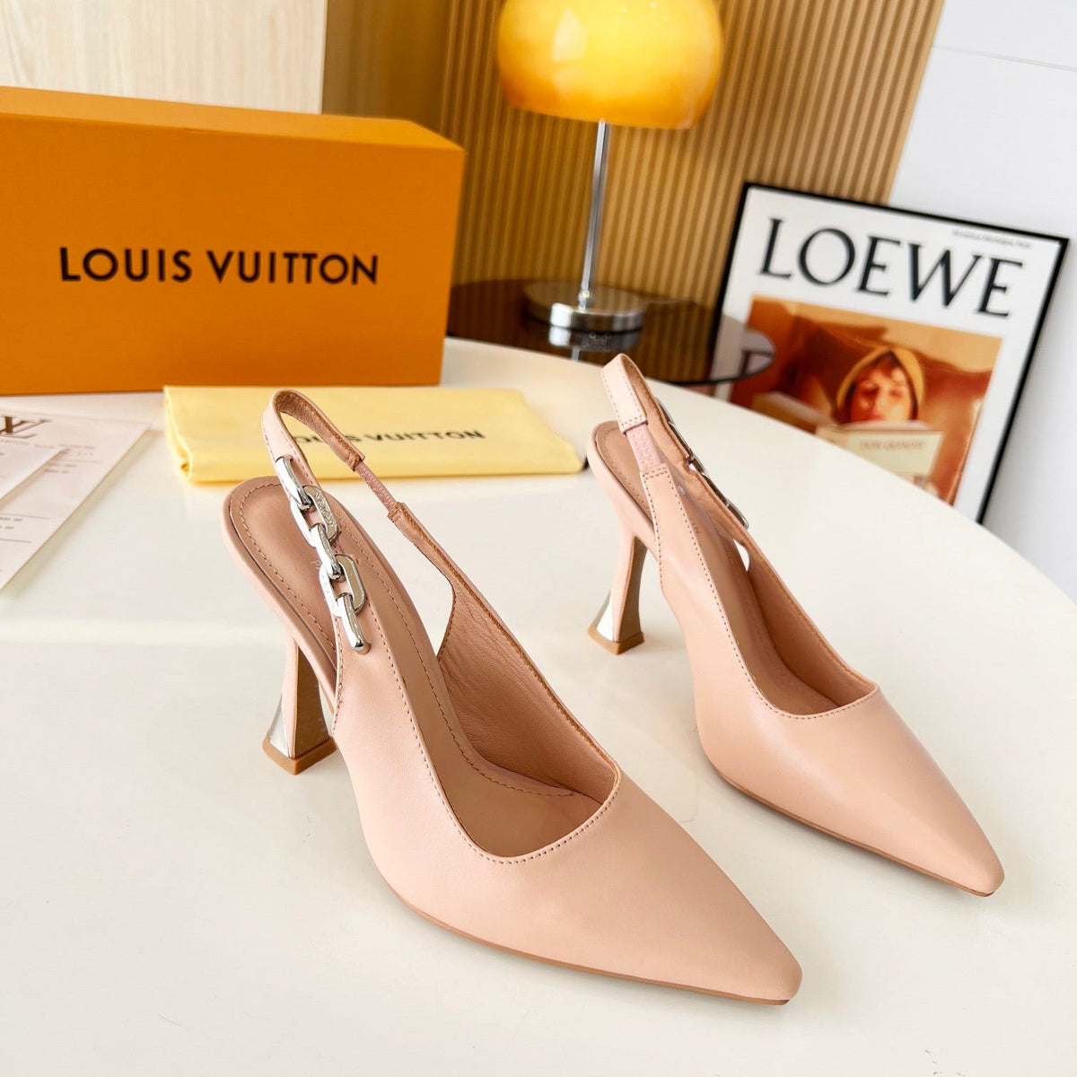 LV Spake Slingback with Chain 8.5CM Cream Tan Calfskin 218284