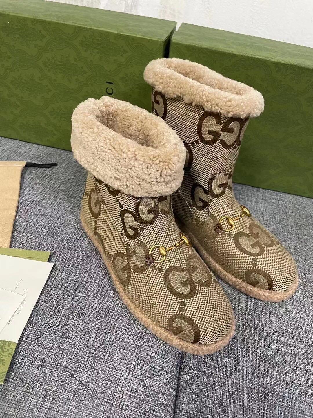 Gucci 2025 Monogram Boot Ebony Beige Canvas Wool 564788