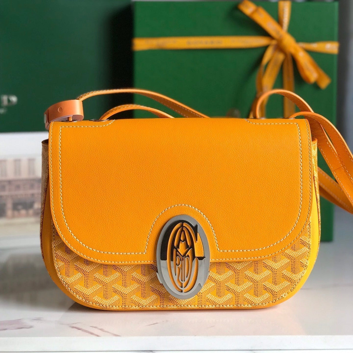 233 BAG 25 IN YELLOW CALFSKIN AND GOYARDINE CANVAS