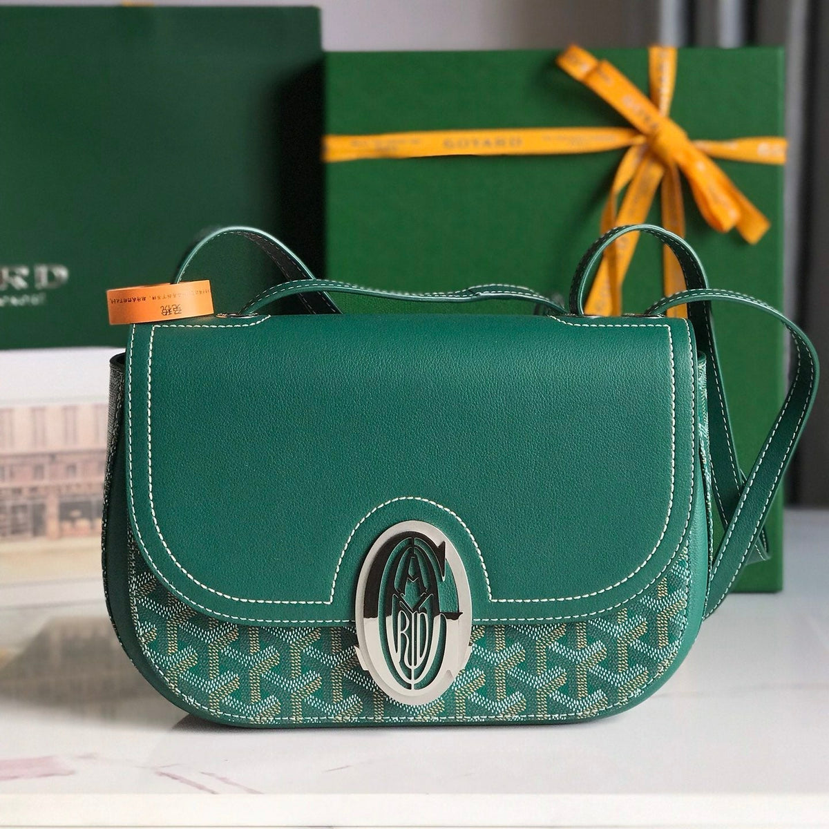 233 BAG 25 IN GREEN CALFSKIN AND GOYARDINE CANVAS