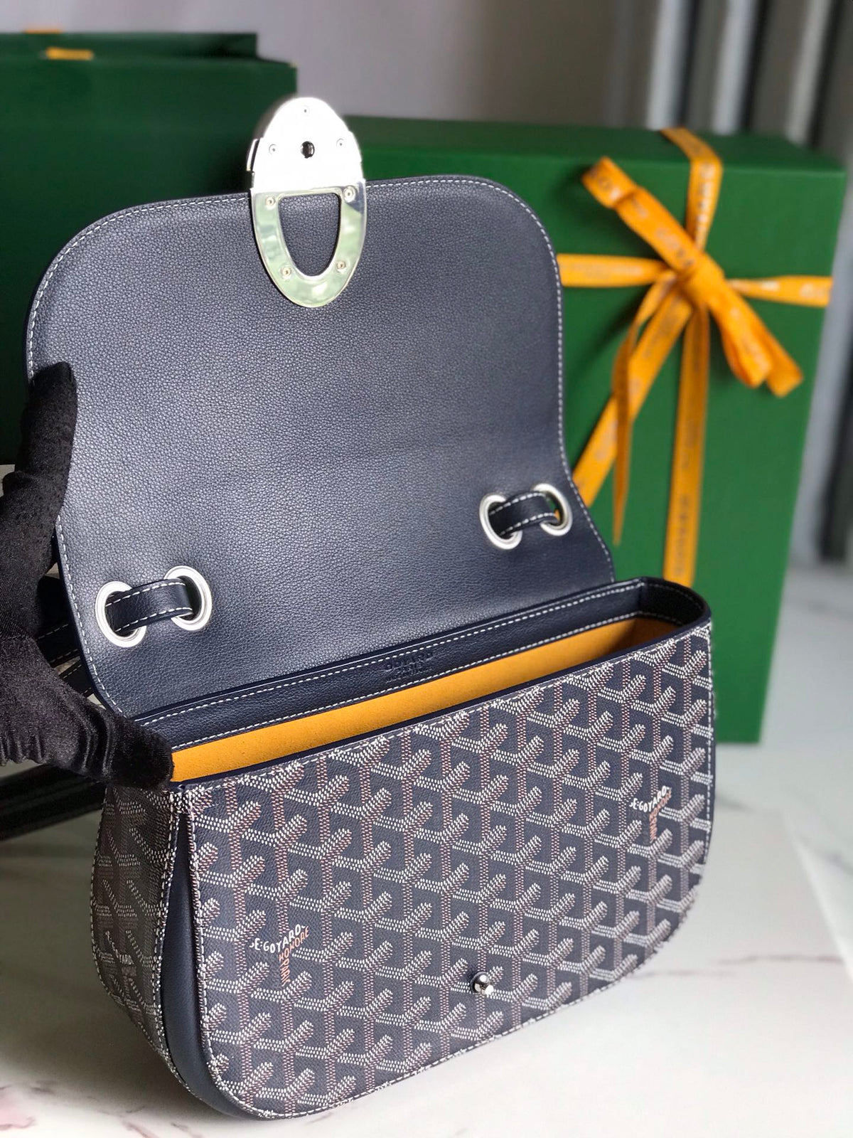 233 BAG 25 IN NAVY BLUE CALFSKIN AND GOYARDINE CANVAS