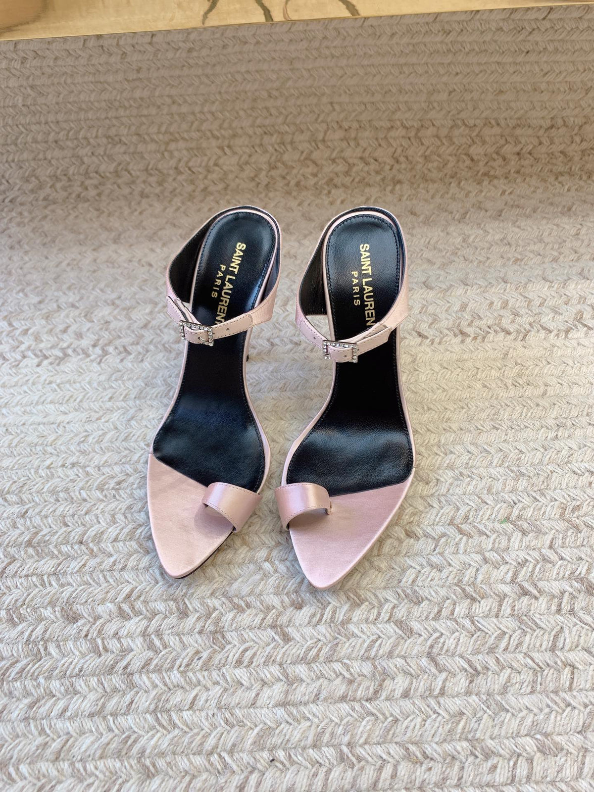 GAP CRYSTAL-BUCKLE SLIDE SANDALS IN LIGHT PINK SILK