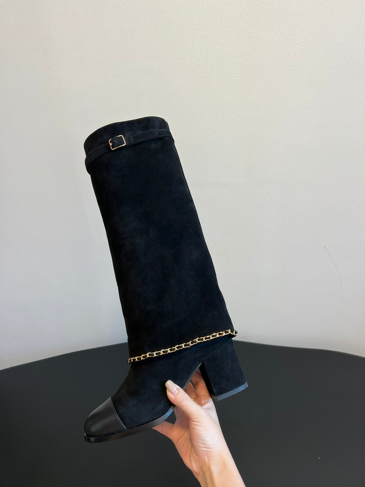 CC Hight Boots Black With Chain Suede And Cowhide 944967