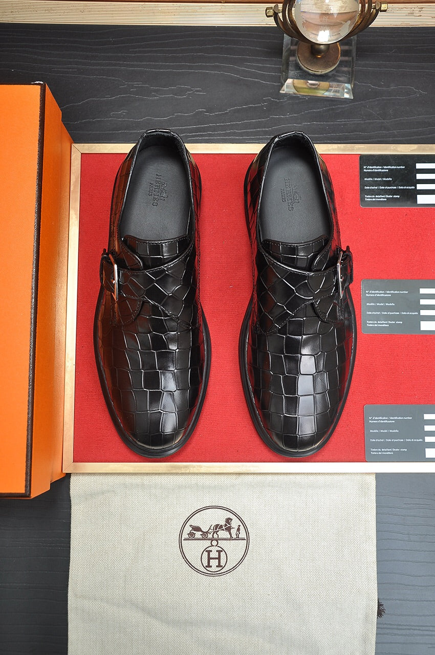 HM MONK STRAP BLACK WITH CROCODILE MOTIF CALFSKIN