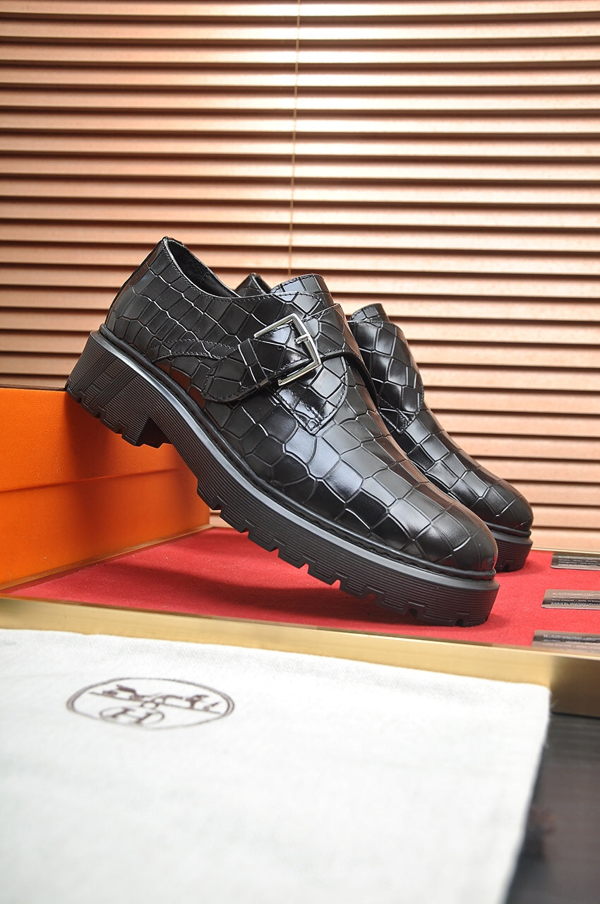 HM MONK STRAP BLACK WITH CROCODILE MOTIF CALFSKIN