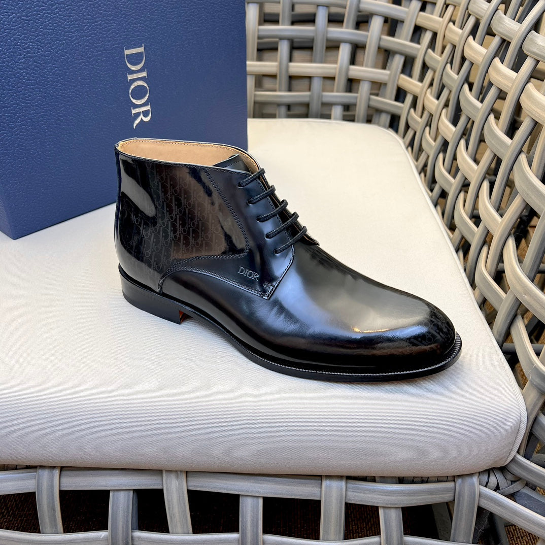 CD HOMME LACE-UP ANKLE BOOT GLOSSY BLACK CALFSKIN