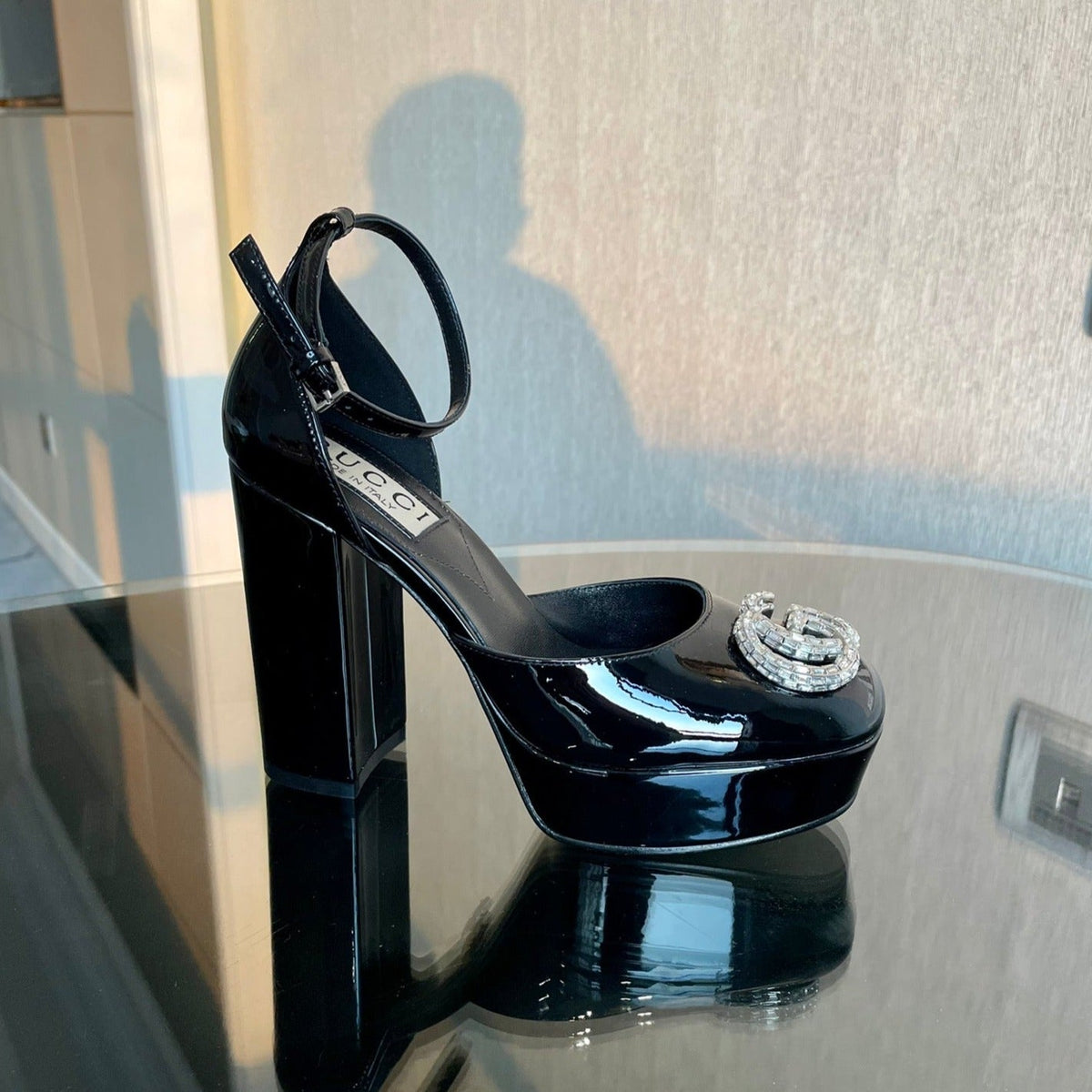 platform pump 12cm with double g black patent leather