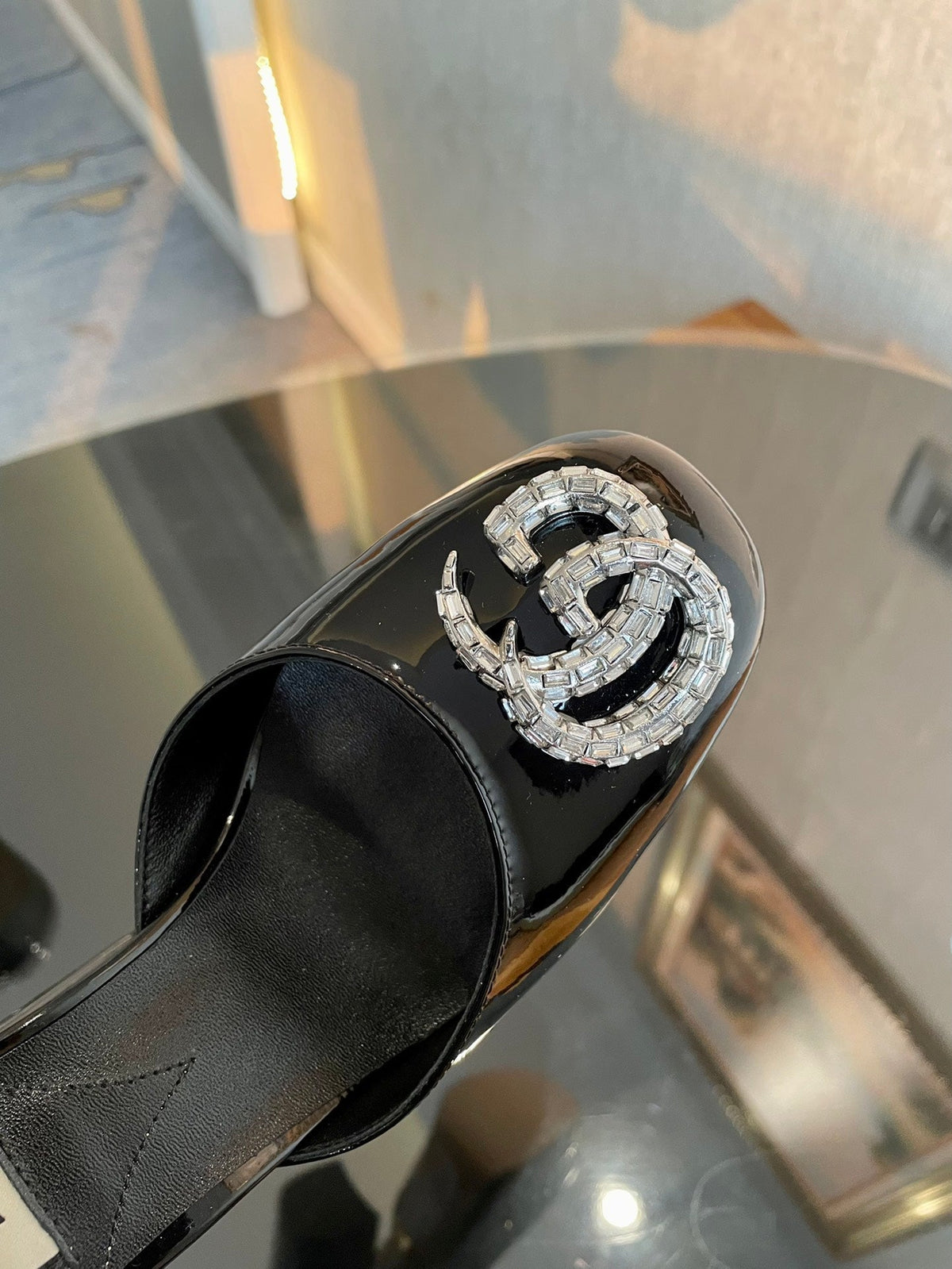 platform pump 12cm with double g black patent leather