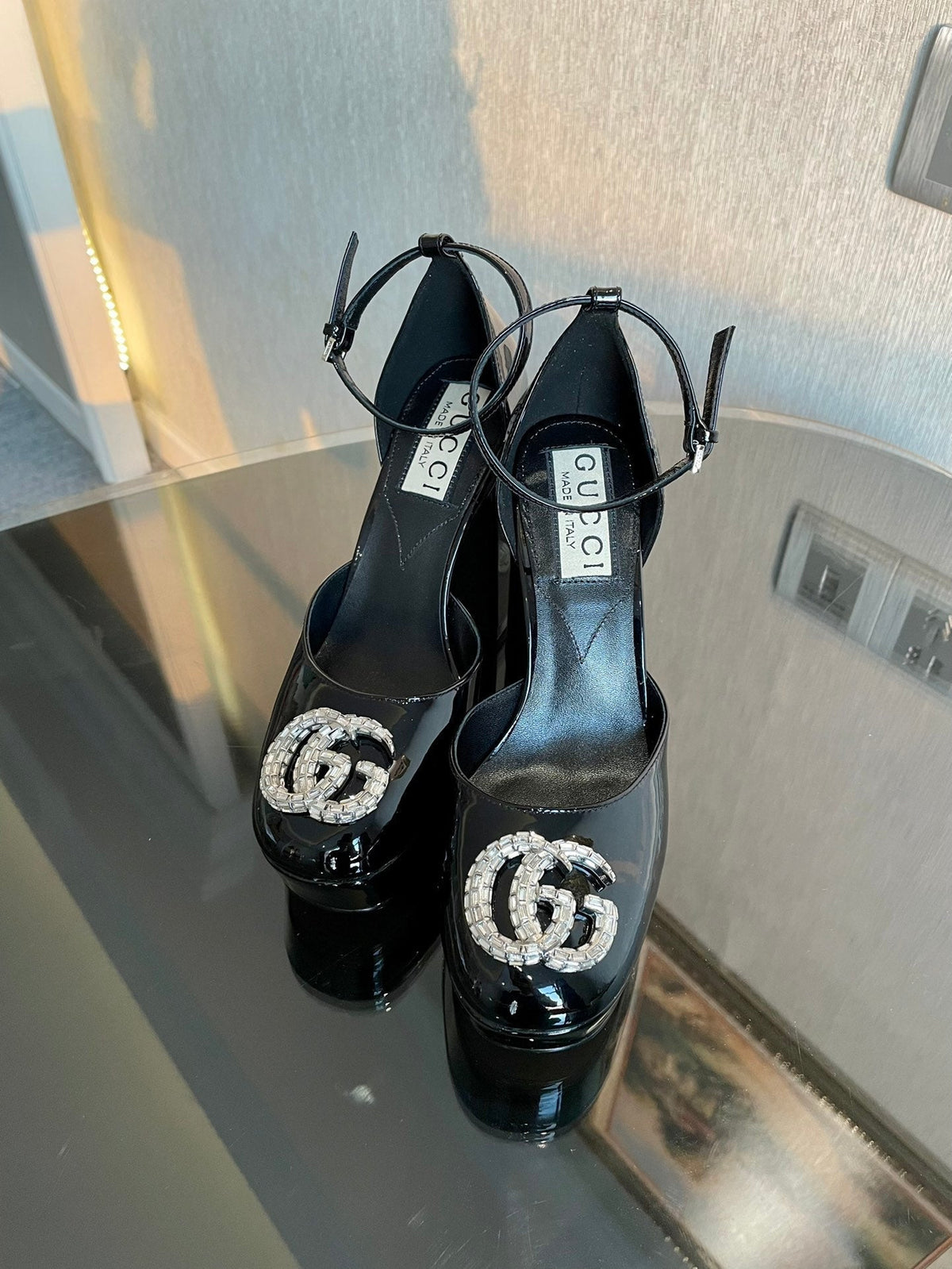 platform pump 12cm with double g black patent leather