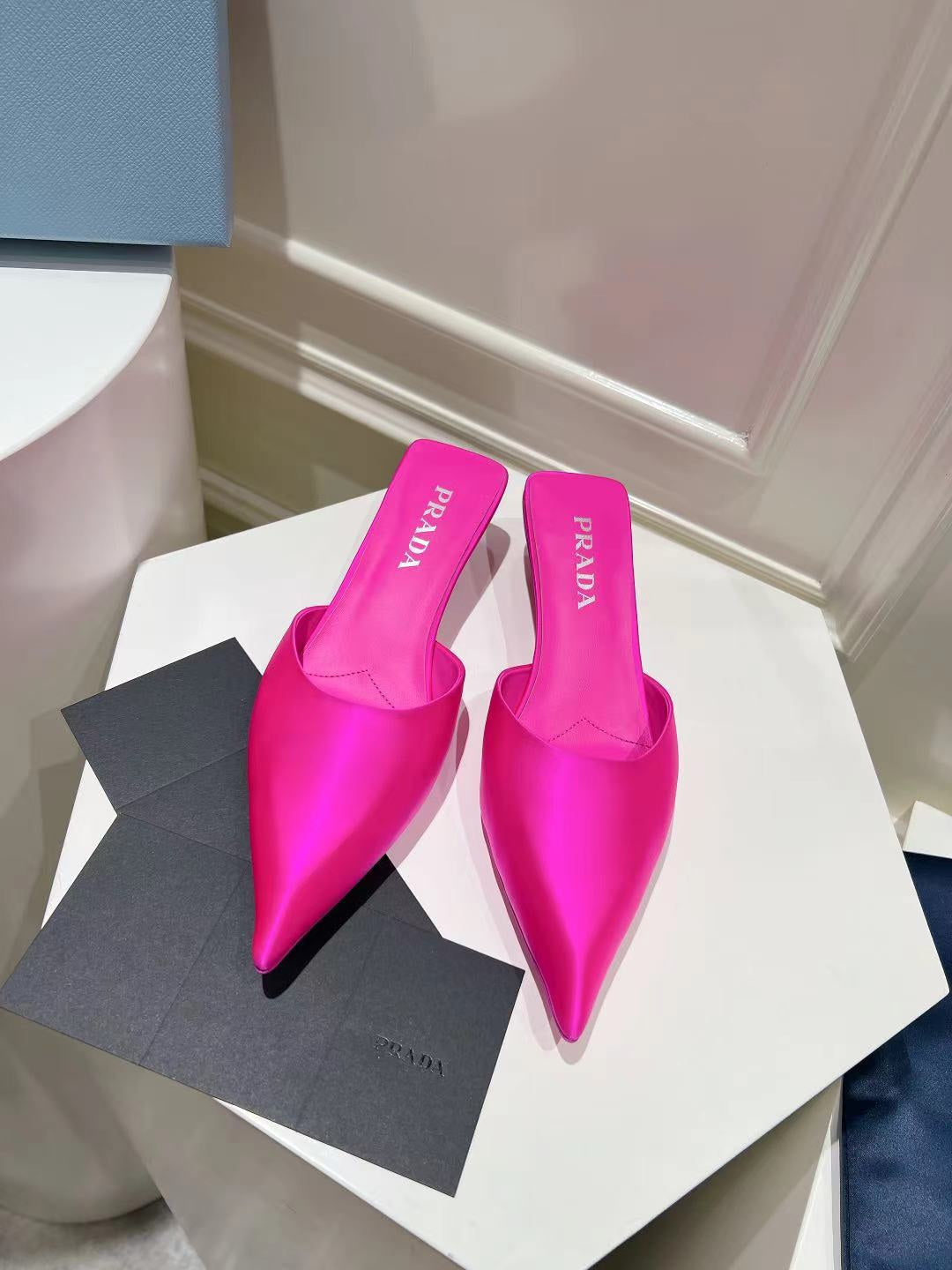 PRA POINTED-TOE MULES BRIGHT PINK SATIN
