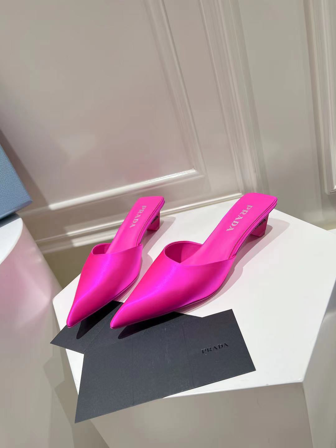 PRA POINTED-TOE MULES BRIGHT PINK SATIN