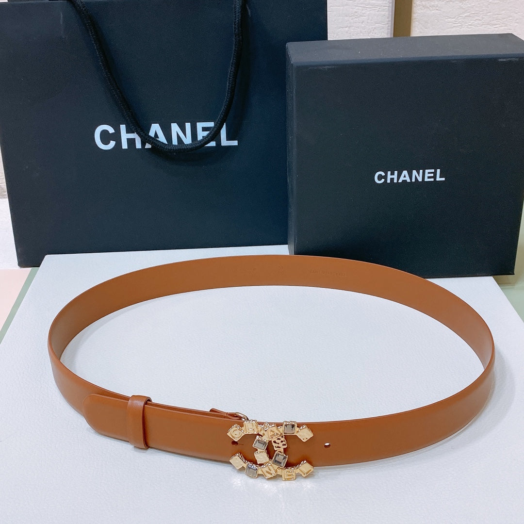 CHANEL BELT 3CM CINNAMON BROWN LAMBSKIN WITH CRYSTAL GOLD HARDWARE
