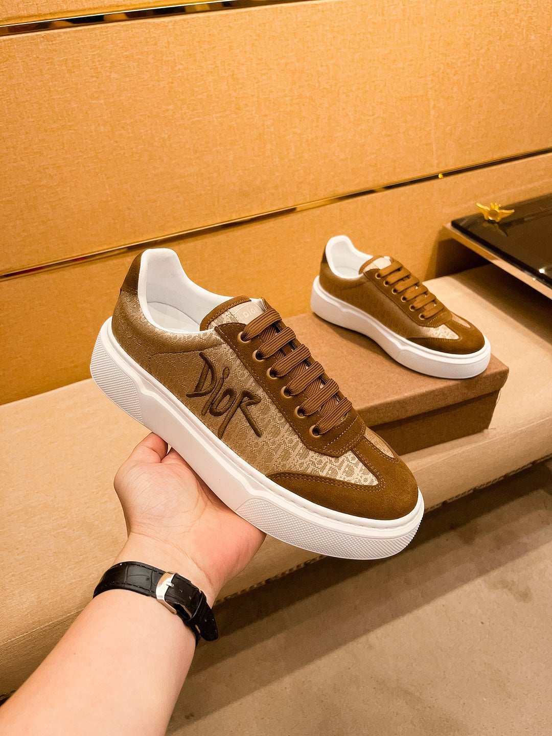 CD HOMME THICK-SOLE SNEAKERS BROWN JACQUARD