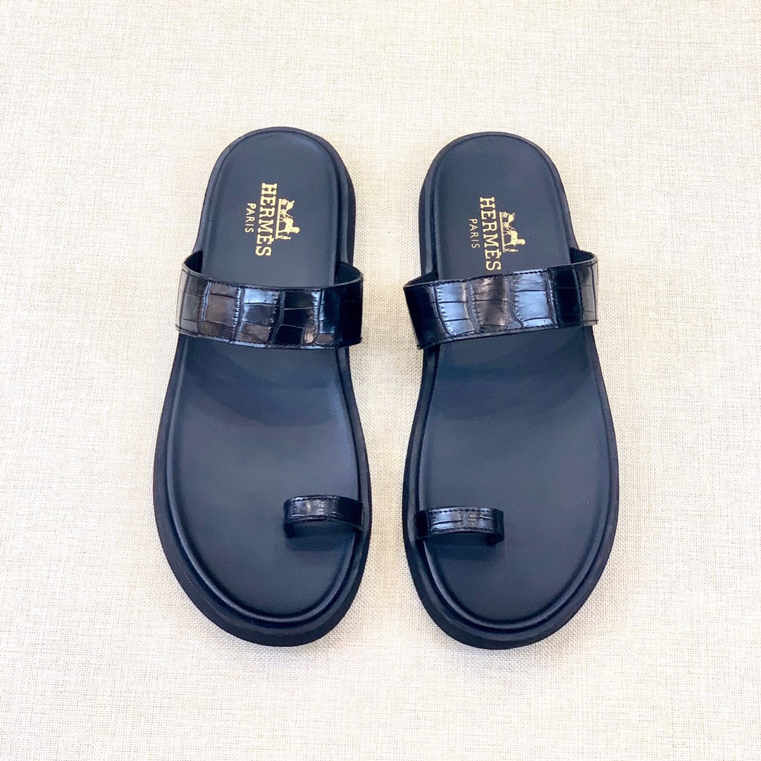 HM Men's Open-toe Sandals Black Rubber Sheepskin 561660