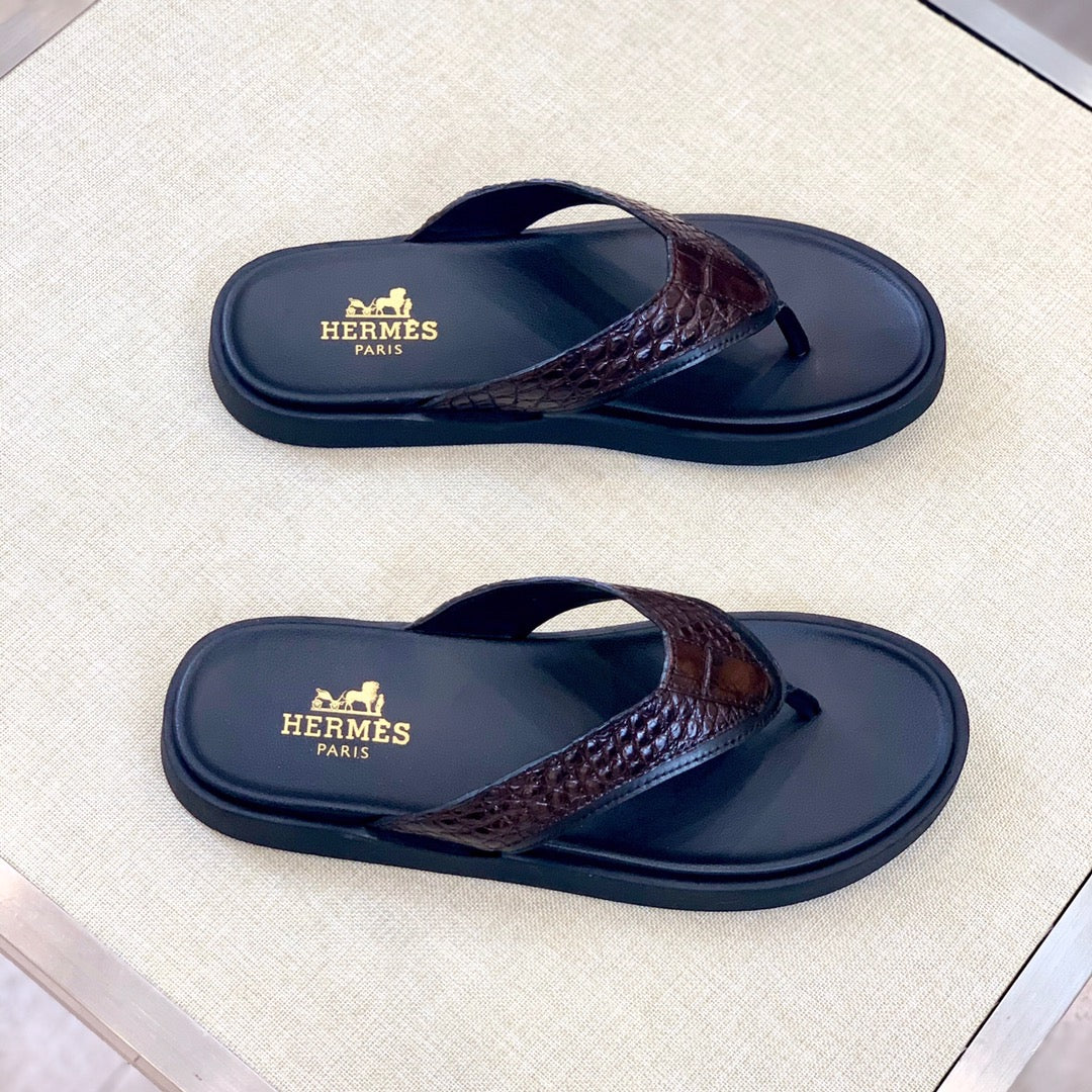 HM Men's Thong Sandals Brown Rubber Sheepskin 561669