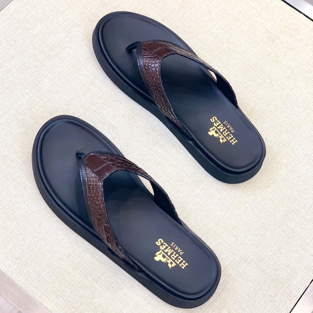 HM Men's Thong Sandals Brown Rubber Sheepskin 561669