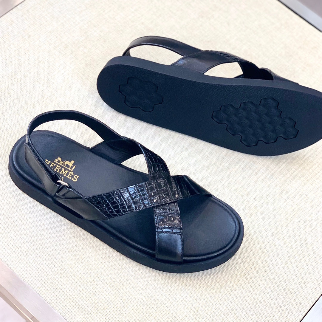 HM Men's "X" Sandals Black Rubber Sheepskin 561670