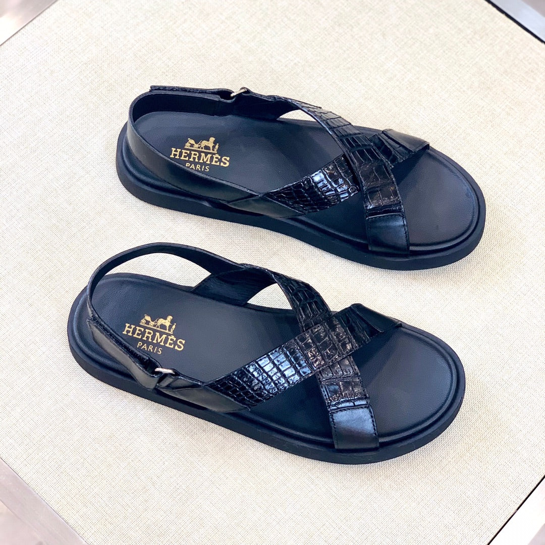 HM Men's "X" Sandals Black Rubber Sheepskin 561670