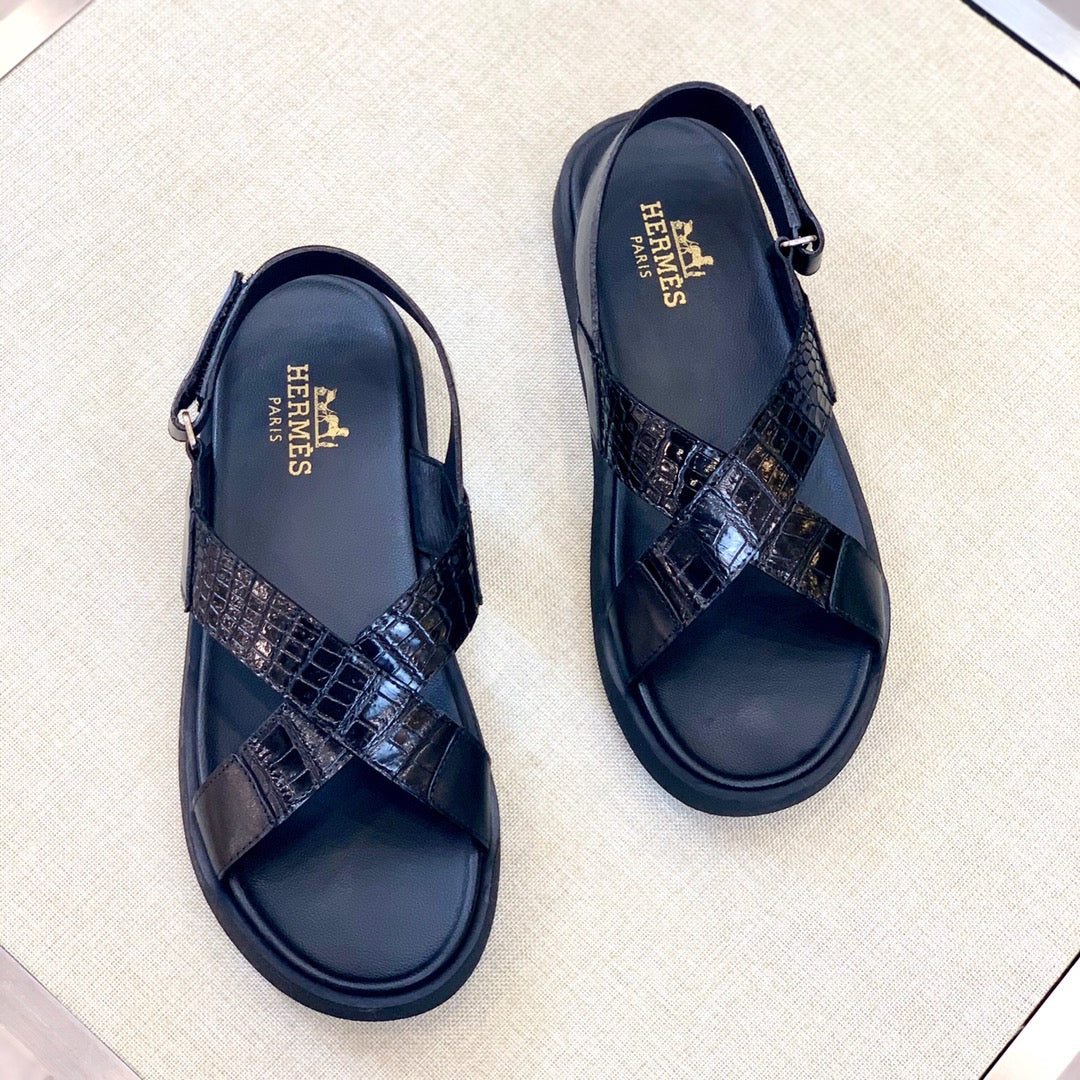 HM Men's "X" Sandals Black Rubber Sheepskin 561670