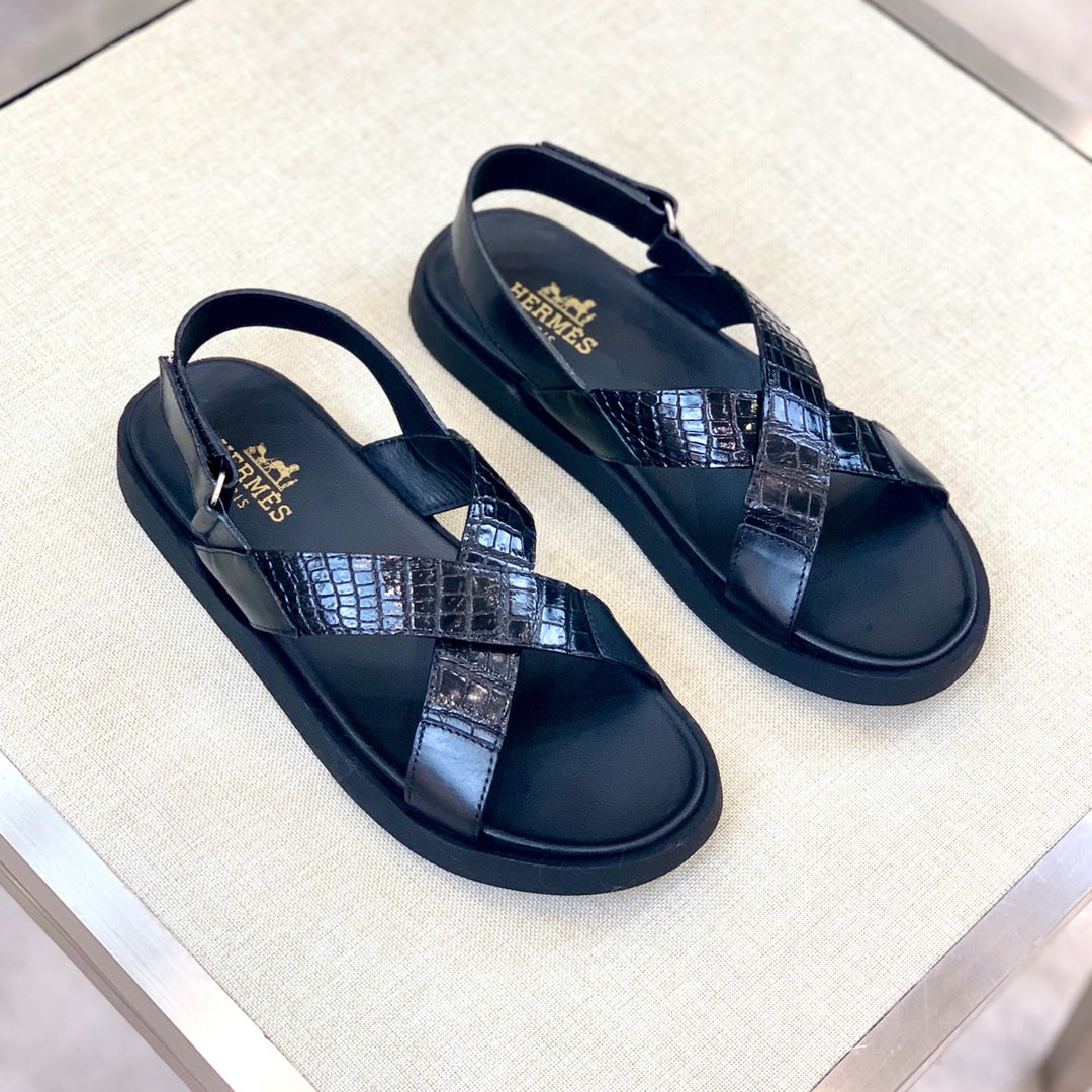 HM Men's "X" Sandals Black Rubber Sheepskin 561670
