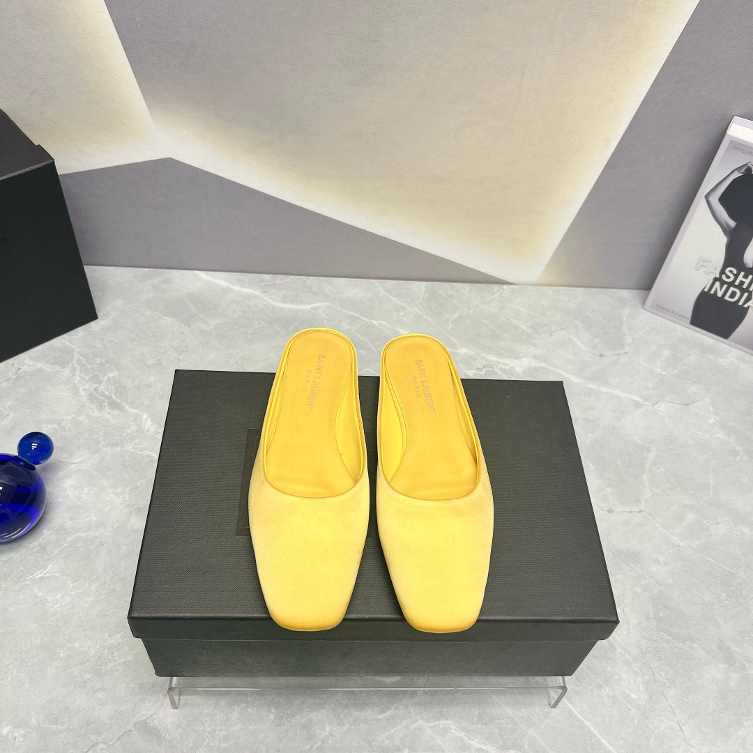 SL SQUARE TOE FLAT MULES LEMON SATIN