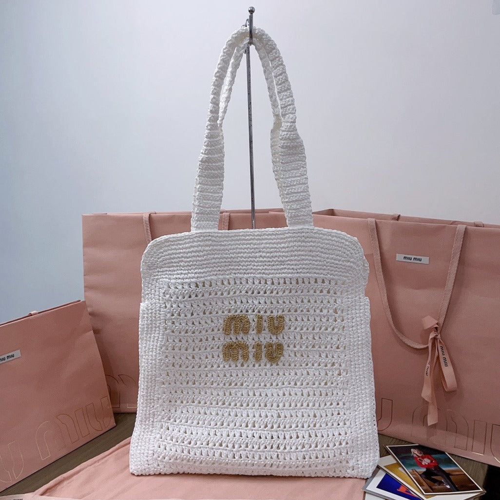 miu tote bag 38cm white woven fabric