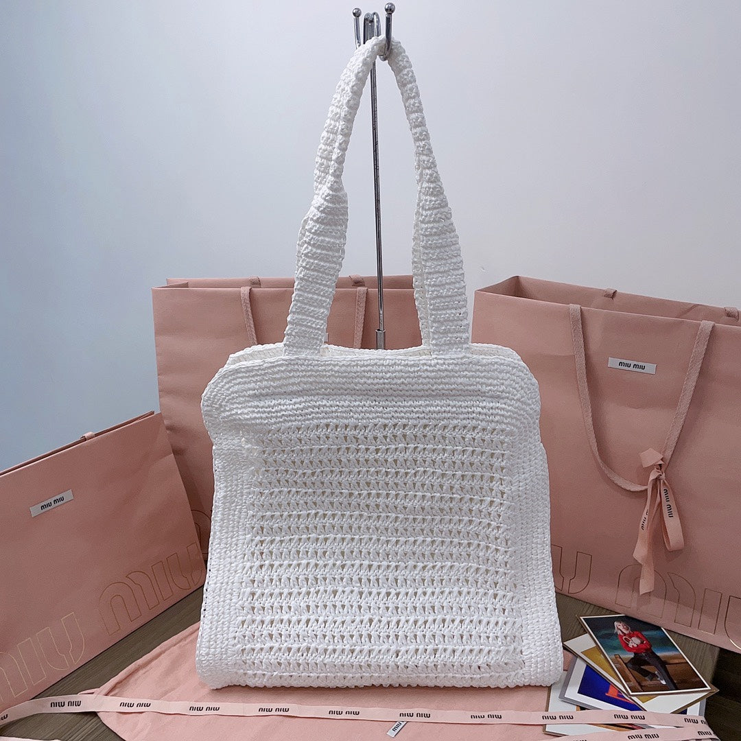miu tote bag 38cm white woven fabric