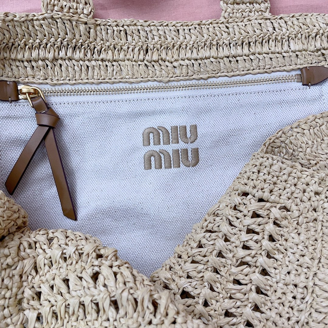 miu tote bag 38cm beige woven fabric